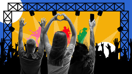 Cheerful young people attending live concert, feeling happy and excited. Dancing and singing....