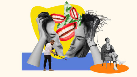 Conceptual design. Young woman suffering from mental breakdown, depression and sadness. Contemporary art collage.の写真素材