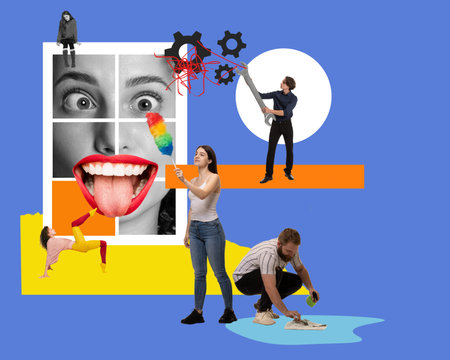 Young people fixing mental problems. Working on wellbeing and positive thoughts. Conceptual design. Contemporary art collage.の写真素材