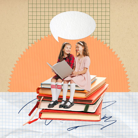 Conceptual art collage. Beautiful, cute little girls, children sitting on books, smiling, reading stories and studyingの写真素材