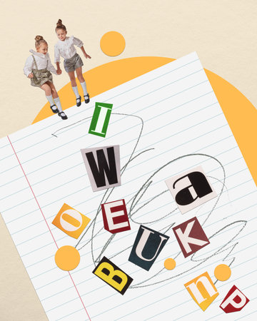 Conceptual art collage. Little girls in school uniform jumpinover notebook sheet with letter. Literature lessonsの写真素材