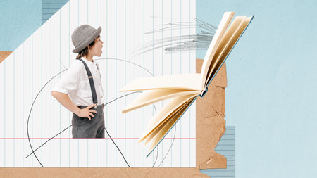 Conceptual art collage. Retro style. Little boy, child doing homework, studying, learning and...