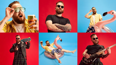 Collage made of portraits of bearded man posing in sunglasses in leather jacket and yellow shirt...