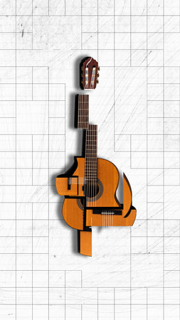 Creative design with guitar in puzzled style against white background. Creating music. Contemporary...