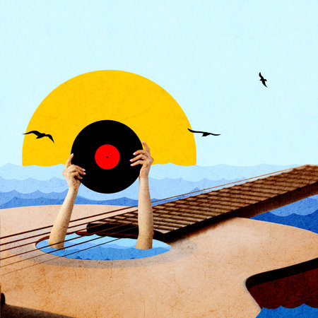 Creative colorful design with female hand holding vinyl, sticking out guitar over sea background. Contemporary art collageの写真素材