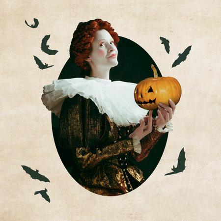 Creepy portrait. Medieval queen in vintage dress with pale face holding pumpkin. Contemporary art collageの写真素材