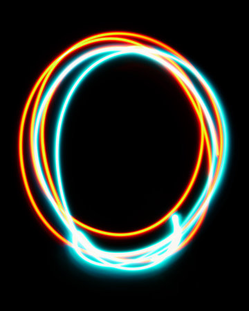 Number 0 of the alphabet made from neon sign. The blue red light image, long exposure with colored...