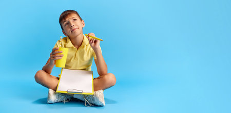 Little school boy, child sitting on floor with notebook, doing homework against blue studio backgroundの写真素材