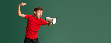 Little, boy, child in sportswear emotionally shouting in megaphone against green studio background. Bannerの写真素材
