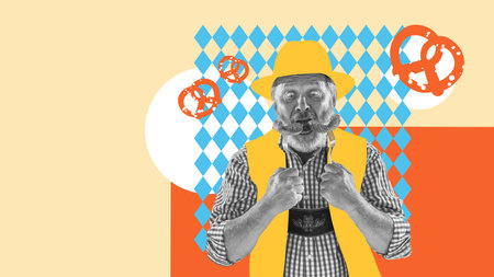 Senior man emotionally eating grilled sausages and pretzels. Beer fest, appetizers for drinks. Contemporary art collage.の写真素材