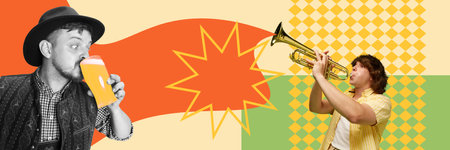 Man in traditional bavarian clothes drinking lager beer. Time to visit beer best. Contemporary art collage.の写真素材