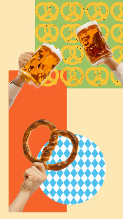 Mugs with lager beer and pretzel appetizers. Best taste of traditional drink. Contemporary art collage.の写真素材