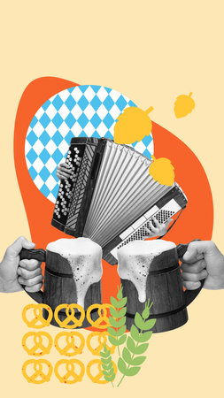 Wooden beer mugs with foamy drink clinking over accordion playing. Cheerful party. Contemporary art collage.の写真素材