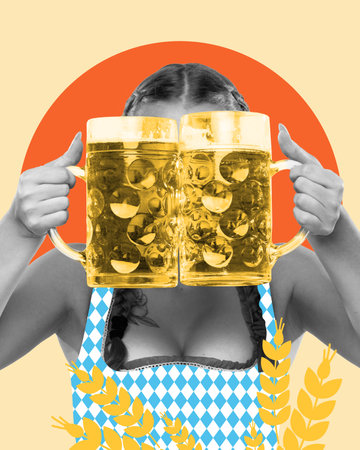 Woman holding huge mugs with lager beer in front of her face. Serving traditional bavarian drink. Contemporary art collage.の写真素材