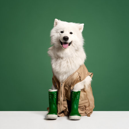 Stylish, positive, purebred Samoyed dog in brown waistcoat and green rubber boots sitting against green studio backgroundの写真素材