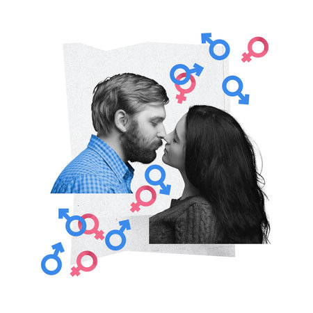 Young man and woman kissing over white background with male and female gender signs. Contemporary art. World sexual health dayの写真素材