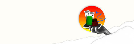 Online tickets. Hand with phone and suitcases over white background. Booking trip. Contemporary art collage.の写真素材