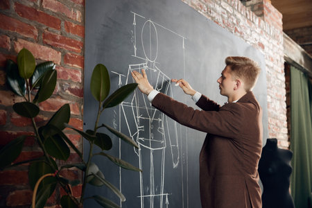 Concentrated young man in brown classic suit, fashion designer making drawings on blackboard, creating new clothesの写真素材