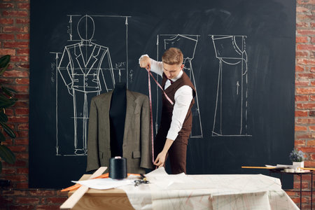 Stylish young man, fashion design in his atelier studio, making measurements of suit, creating classical style clothesの写真素材