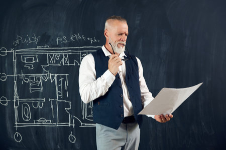 Senior stylish man, professional architect looking on sketches, architectural drawings, creating new...