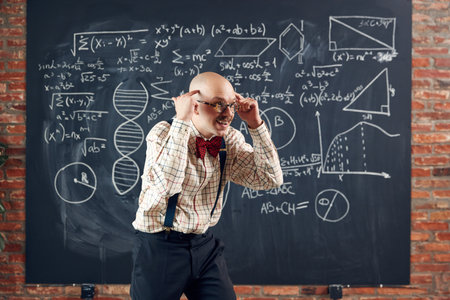 Eureca. Excited and emotional scientist, teacher expressing feeling, finding out solution. Formulas...