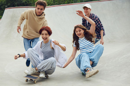 Group of cheerful friends, teens spending good time together on skatepark, skateboarding, laughing. Joyの写真素材