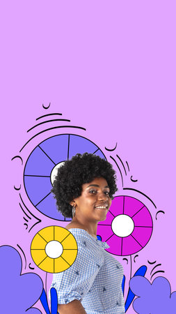 Cheerful, smiling, african woman over purple background. Race equality. Contemporary art collage.の写真素材