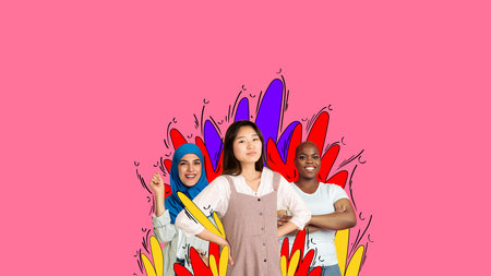 Beautiful women of different race and nationality over pink background. Cultural equality. Contemporary art collage.の写真素材