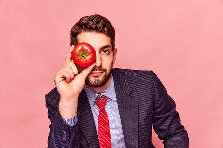 Bearded man in classescal suit and red tie holding tomato near eyes and looking at camera against pink pink backgroundの写真素材