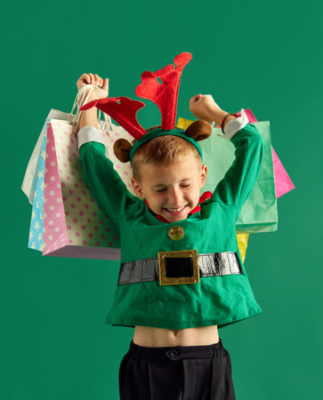 Little smiling boy in green costume of elf holding many shopping bags against green studio...
