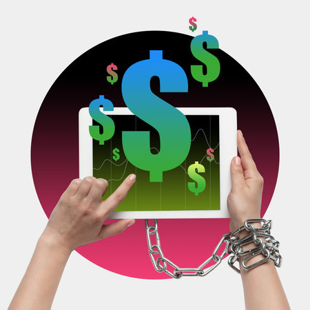 Addicted to trading activity. Female hand using app on tablet, betting, working with financial flow. Contemporary art collage.の写真素材