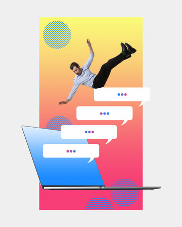 Business communication. Man falling into laptop, messages. Deadlines and project chatting. Contemporary art collage.の写真素材