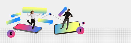 Employees standing on mobile phone screen. Business online communication and financial success....