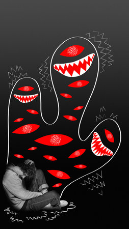 Young man suffering from mental breakdown, sadness, depression and fears. Contemporary art collage.の写真素材
