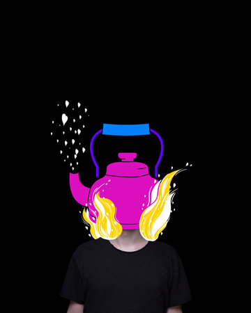 Burn out. Young guy with burning hot kettle instead head. Stress, depression, deadlines. Contemporary art collage.の写真素材