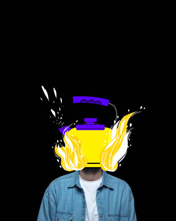 Young man with burning hot kettle instead head. Stress, depression, deadlines. Contemporary art collage.の写真素材