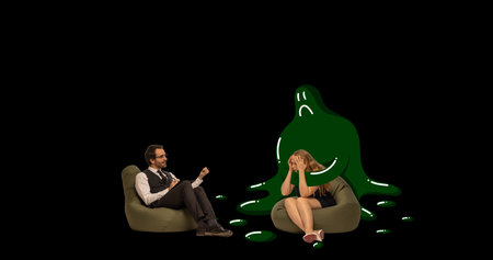 Young girl visiting psychologist, suffering from inner fears and depression. Therapy. Contemporary art collage.の写真素材