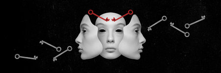Young woman with many splitting faces. Black and white image. Inner self witch. Contemporary art...