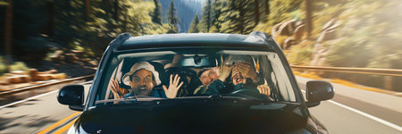 Group of men sitting in car going on vacation together and having road accident. Feeling shocked and...