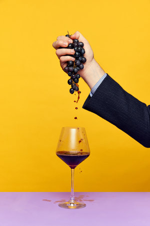 Male hand squeezing grape juice into wine glass over bright yellow background. Bright colorsの写真素材