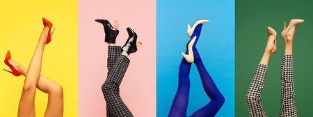 Collage made with female legs in different shoes and clothes on multicolored backgroundの写真素材