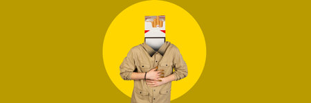 Conceptual design. Young man feeling bad because of smoking. Addicted to cigarettesの写真素材
