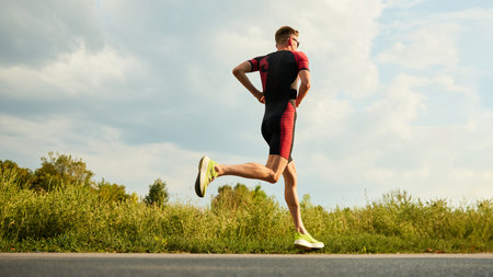 Dynamic image of competitive man in sportswear, athlete training outdoors on summer day, running....