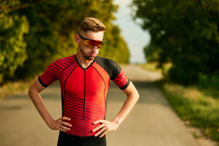 Feeling tired. Sportsman in sportswear standing after hard training run and restingの写真素材