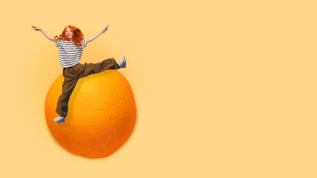 Little girl, child feeling positive and active, jumping over yellow background with orange. Contemporary art collage.の写真素材