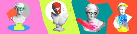Set of antique statue busts in different accessories over multicolored background. Contemporary art...