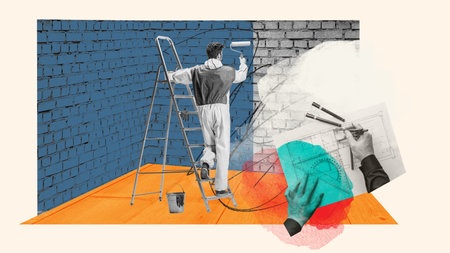 Young male decorator painting wall with a paint roller climbed a ladder. Architect and painter. Contemporary art collageの写真素材
