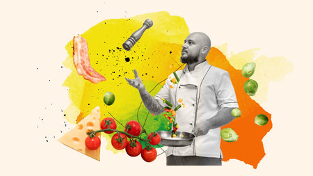 Bald man, restaurant chef making delicious dinner, cooking meat with vegetables. Contemporary art collage.の写真素材