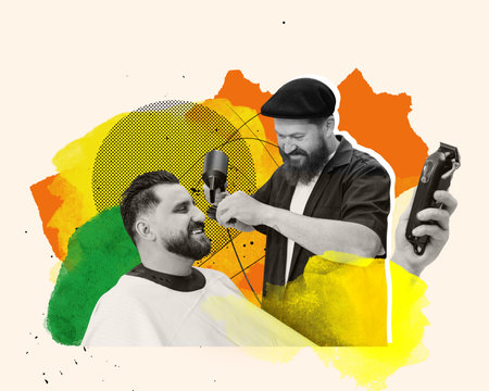 Professional barber drying hair with a hairdryer. Young bearded man getting haircut at the barbershop. Contemporary art collage.の写真素材
