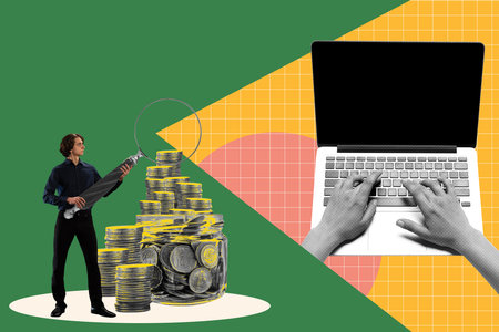 Young guy working online with financial analytics and crypto business, Contemporary art collage.